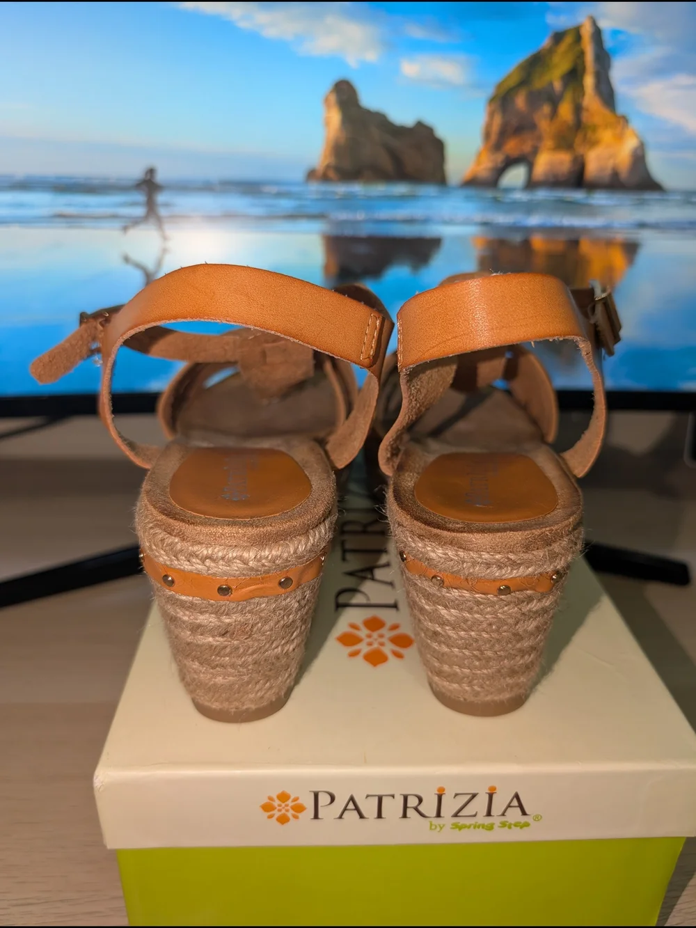 Patrizia Cognac Faux Leather Studded Espadrille Wedges.